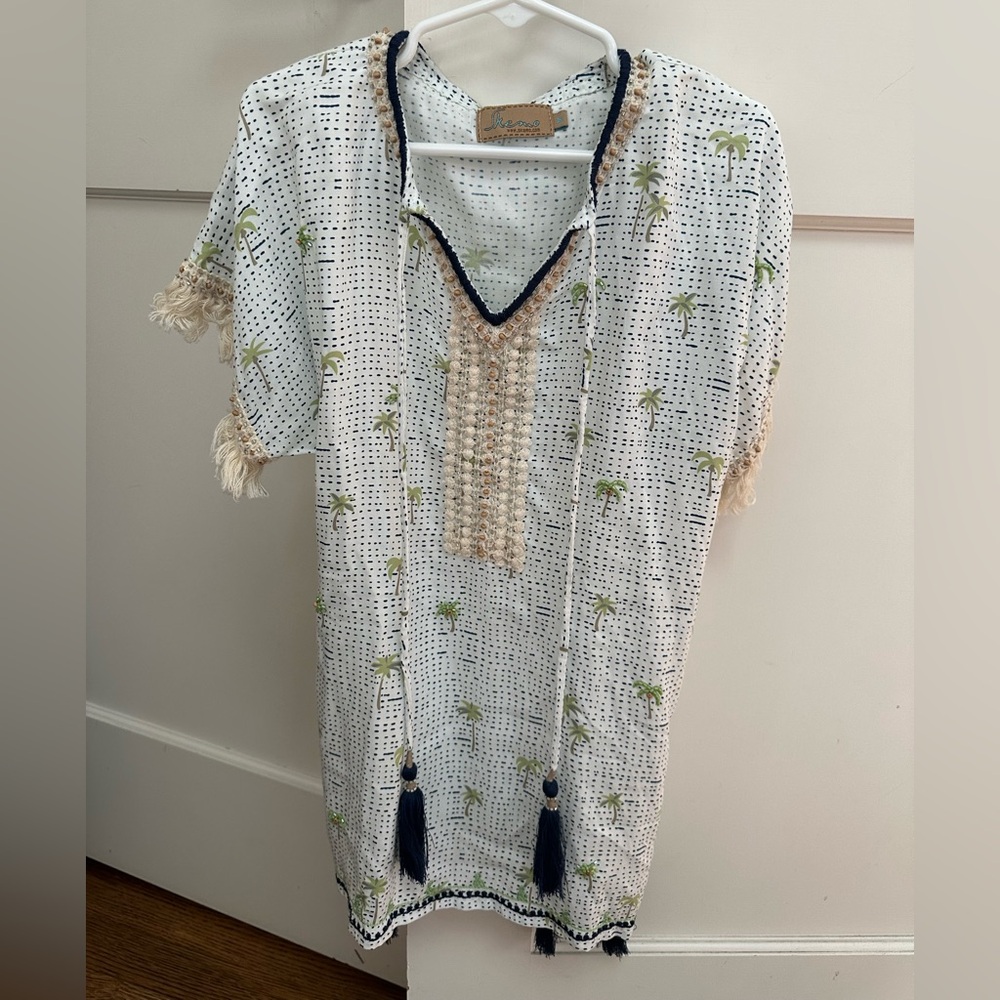 SKEMO GIRLS PALM TREE BEADED TASSLE VACATION BEACH COVERUP SWIMSUIT DRESS SIZE M